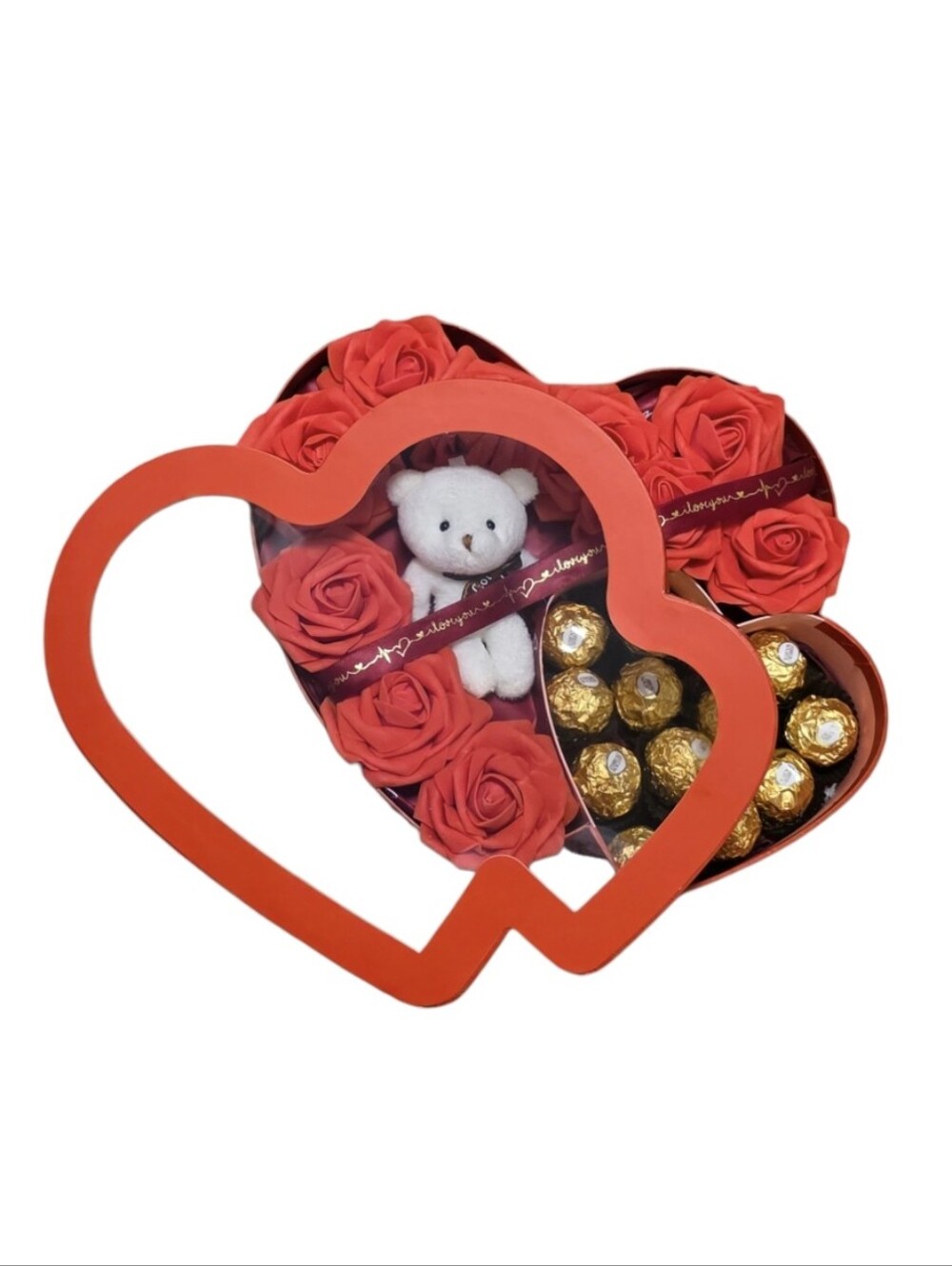 Eternal red flowers with a box in the shape of a red heart,Choco, bear.